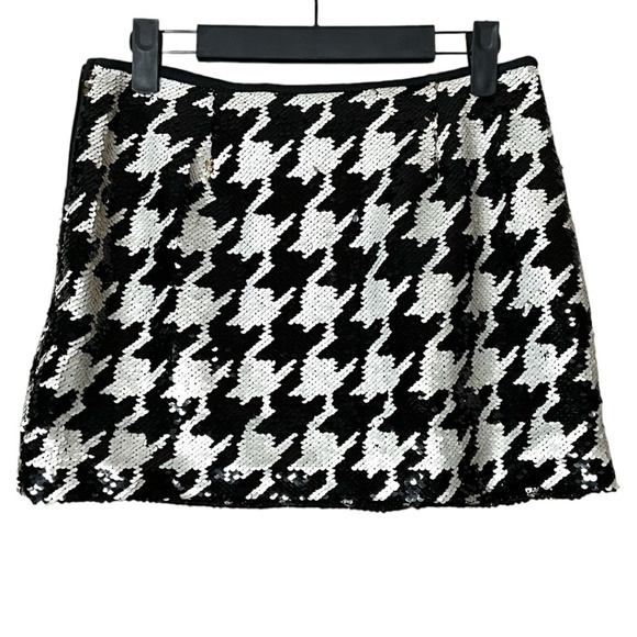 MANGO Black & White Houndstooth Sequin Mini Skirt Side Zipper US Sz S - Picture 4 of 10
